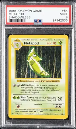 1999 POKEMON GAME SHADOWLESS #54 METAPOD PSA 9 - Image 1