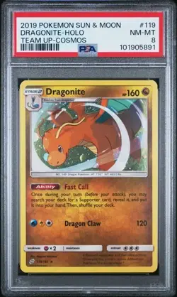 2019 POKEMON SUN & MOON TEAM UP COSMOS #119 DRAGONITE-HOLO PSA 8 - Image 1
