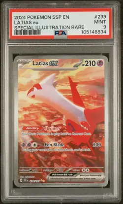 2024 POKEMON SSP EN-SURGING SPARKS SPECIAL ILLUSTRATION RARE LATIAS EX PSA 9 - Image 1