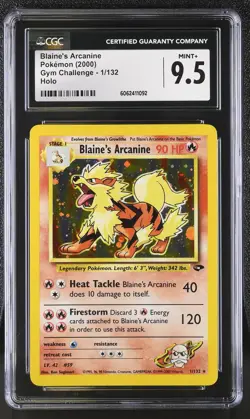 CGC 9.5 MINT+ Blaine's Arcanine 2000 Gym Challenge 1/132 Holo Pokemon Card - Image 1