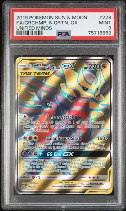 2019 POKEMON SUN & MOON UNIFIED MINDS #228 FULL ART/GARCHOMP & GIRATINA GX PSA 9 - Image 1