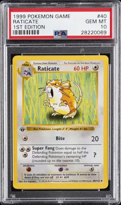 1999 POKEMON BASE SET 1ST EDITION #40 RATICATE PSA 10 - Image 1