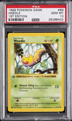 1999 POKEMON BASE SET 1ST EDITION #69 WEEDLE PSA 10 - Image 1