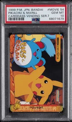 1999 POKEMON JPN BANDAI CARDDASS VENDING SER 7 #MOVIE 54 PIKACHU & MARILL PSA 10 - Image 1