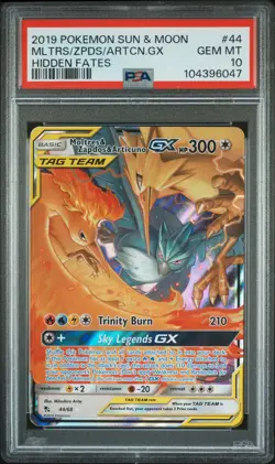 2019 POKEMON SUN & MOON HIDDEN FATES #44 MOLTRES & ZAPDOS & ARTICUNO GX PSA 10 - Image 1