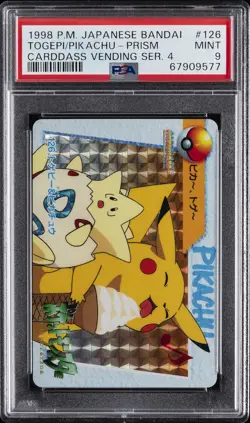 1998 POKEMON JPN BANDAI CARDDASS VENDING SER 4 #126 TOGEPI & PIKACHU-PRISM PSA 9 - Image 1