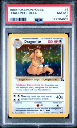 Pokemon Dragonite 4/62 Holo Rare Unlimited Fossil PSA 8 NM-MT - Image 1