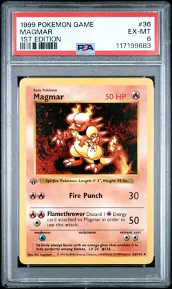 1999 POKEMON BASE SET 1ST EDITION #36 MAGMAR PSA 6 - Image 1