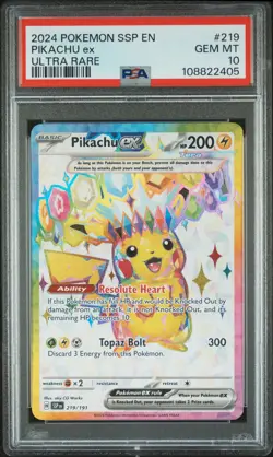 2024 POKEMON SSP EN-SURGING SPARKS ULTRA RARE #219 PIKACHU EX PSA 10 - Image 1