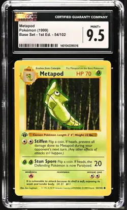 CGC 9.5 Metapod 1999 Base Set Shadowless 1st Edition 54/102 Pokemon Card - Image 1