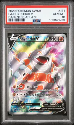 2020 POKEMON SWORD & SHIELD DARKNESS ABLAZE #181 FULL ART/RHYPERIOR V PSA 10 - Image 1