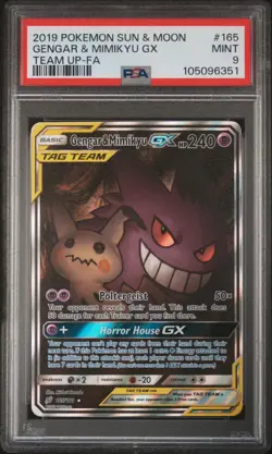 2019 POKEMON SUN & MOON TEAM UP #165 FULL ART/GENGAR & MIMIKYU GX PSA 9 - Image 1
