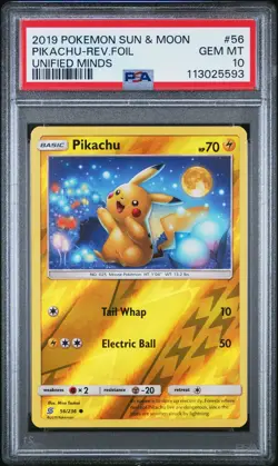2019 POKEMON SUN & MOON UNIFIED MINDS #56 PIKACHU-REVERSE FOIL PSA 10 - Image 1