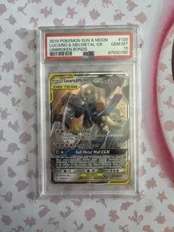 2019 Pokemon Sun & Moon Unbroken Bonds #120 Lucario & Melmetal GX PSA 10 - Image 1