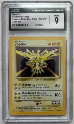 1999 Pokemon Cosmos Holo Test Print Rare Holofoil #16 Zapdos - CGC MINT 9 - Image 1