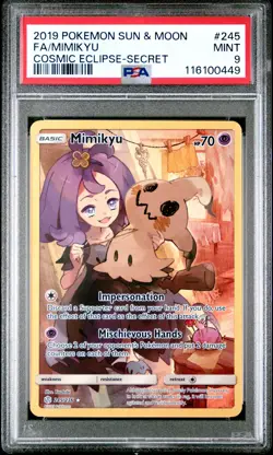 2019 POKEMON SUN & MOON COSMIC ECLIPSE SECRET #245 FULL ART/MIMIKYU PSA 9 - Image 1