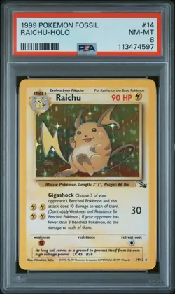 1999 POKEMON FOSSIL #14 RAICHU-HOLO PSA 8 - Image 1