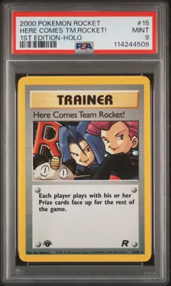 2000 POKEMON ROCKET 1ST ED #15 HERE COMES TEAM ROCKET!-HOLO PSA 9 - Image 1