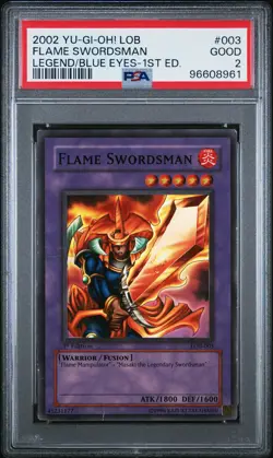 2002 YU-GI-OH! LOB-LEGEND OF BLUE EYES WHITE DRAGON 1ST ED FLAME SWORDSMAN PSA 2 - Image 1