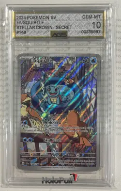 Pokemon SV Stellar Crown Secret Squirtle 148/142 AGS Gem-MT 10 FA Holo Rare 2024 - Image 1