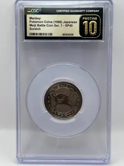 Pokemon Mankey 1998 Japanese Meiji Battle Coin SP40 Scratch CGC 10 PRISTINE - Image 1