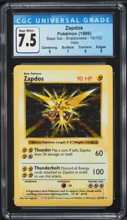CGC 7.5 Zapdos Shadowless Holo Rare Base Set 1999 Pokemon Card #16 - Image 1