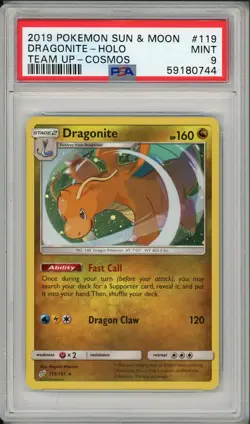 2019 Pokemon Sun & Moon Team Up Dragonite Cosmos Holo Promo #119 PSA 9 - Image 1