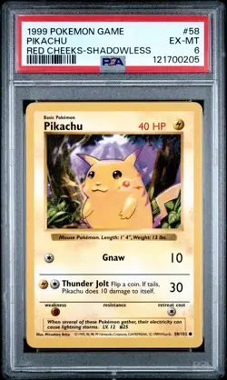 1999 POKEMON BASE SET SHADOWLESS RED CHEEKS-#58 PIKACHU PSA 6 - Image 1
