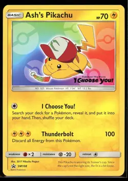 Pokemon Card TCG - Ash's Pikachu SM108 Sun & Moon Black Star Promo Near Mint - Image 1