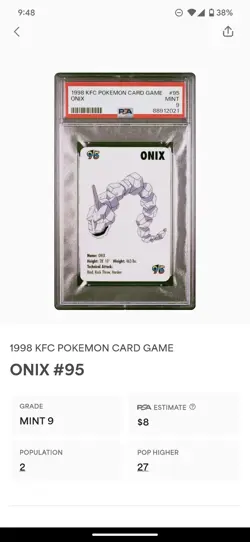 Onix #95 Pokemon Card Game Mini KFC 1998 Nintendo PSA 9 - Image 3