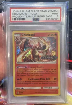 2019 Pokemon Team Up Prerelease Charizard Black Star SM158 PSA 9 - Image 1