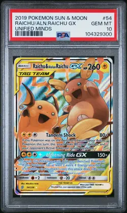 2019 POKEMON SUN & MOON UNIFIED MINDS #54 RAICHU & ALOLAN RAICHU GX PSA 10 - Image 1