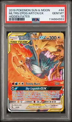 2019 POKEMON SUN & MOON HIDDEN FATES #44 MOLTRES & ZAPDOS & ARTICUNO GX PSA 10 - Image 1