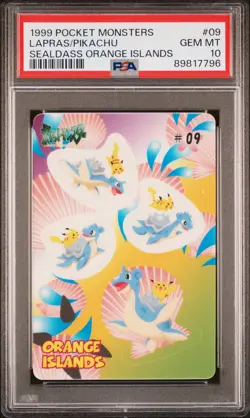 1999 POCKET MONSTERS SEALDASS ORANGE ISLANDS #09 LAPRAS/PIKACHU PSA 10 - Image 1
