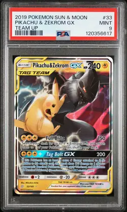 2019 POKEMON SUN & MOON TEAM UP #33 PIKACHU & ZEKROM GX PSA 9 - Image 1