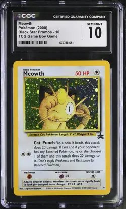 CGC 10 GEM MINT Meowth 2000 Black Star Promo Gameboy 10 Holo GB Pokemon Card - Image 1