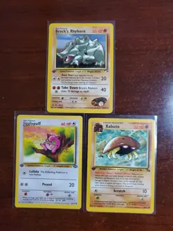 Pokemon FIRST Edition Lot - 3 Cards Brocks Rhyhorn Jigglypuff Kabuto Non Holo - Image 1
