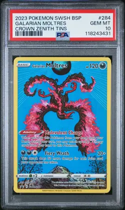 2023 POKEMON SWSH BLACK STAR PROMO CROWN ZENITH TIN #284 GALARIAN MOLTRES PSA 10 - Image 1