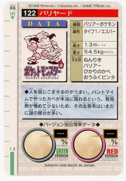 Mr. Mime 122 1996 Pokemon Japanese Bandai Carddass Vending (Green Version) - Image 2