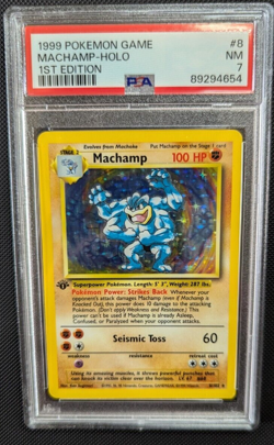 1999 Pokemon Base 1st Edition MaChamp Holo #8 PSA Near Mint 7 - Image 1