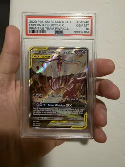 PSA 10 Espeon & Deoxys GX Tag Team SM240 2020 Black Star Promo Holo Pokemon TCG - Image 1