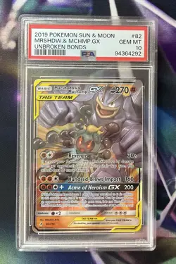 2019 Pokemon Sun and Moon Marshadow/Machamp GX #82 Unbroken Bonds PSA 10 - Image 1