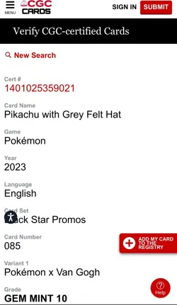 Pokemon Pikachu with Grey Felt Hat Van Gogh Full Art Promo SVP EN 085 CGC 10 - Image 3