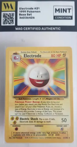 WAG Certified Mint Electrode 021/102 Base Set Regular Pokemon Vintage Wotc Tcg - Image 1