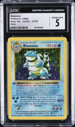 1999 POKEMON BASE SET - 1ST ED - HOLO #2/102 BLASTOISE CGC 5 - Image 1