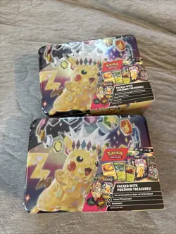 2x Tins Pokemon Surging Sparks 2024 Fall Collectors Chest Factory Sealed Tin - Image 1