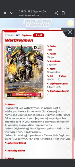 WarGreymon BT14-101 Blast Ace (Secret Rare) Digimon Card - Image 2