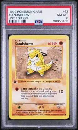 1999 POKEMON BASE SET 62 SANDSHREW 1ST EDITION PSA 8 NM MT - Image 1
