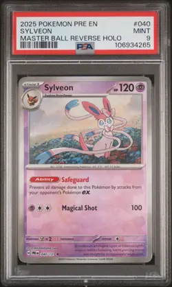 2025 POKEMON PRE EN-PRISMATIC EVOLUTIONS MASTER BALL REVERSE HOLO SYLVEON PSA 9 - Image 1