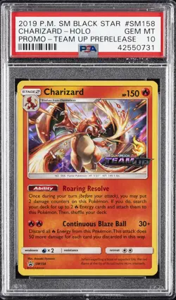 2019 POKEMON SM BLACK STAR PROMO TEAM UP PRERELEASE #SM158 CHARIZARD-HOLO PSA 10 - Image 1